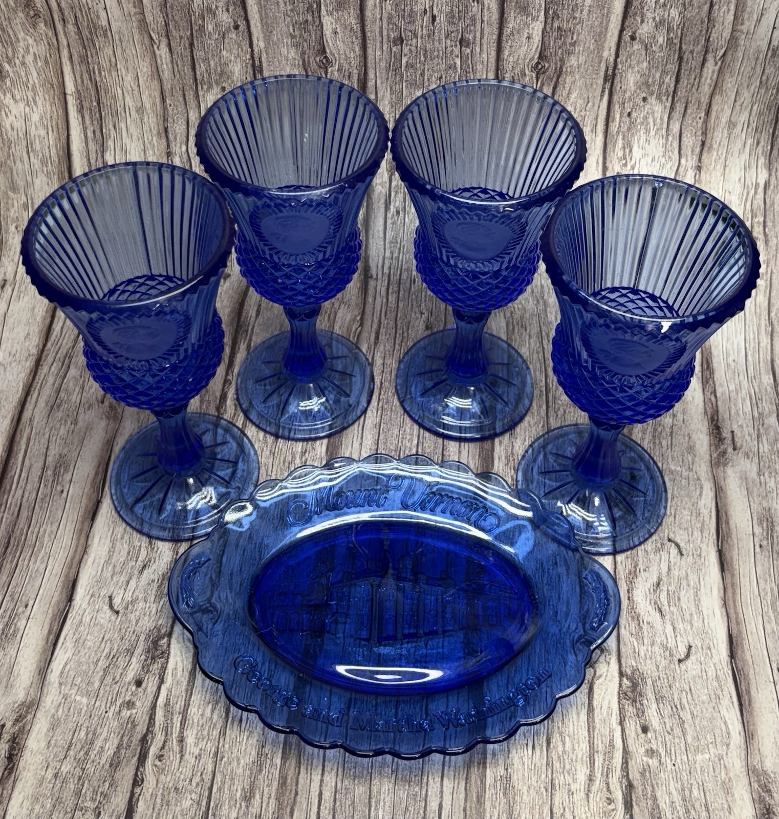 Vintage Avon Fostoria Cobalt Goblets Set Of 4 with Candy Dish