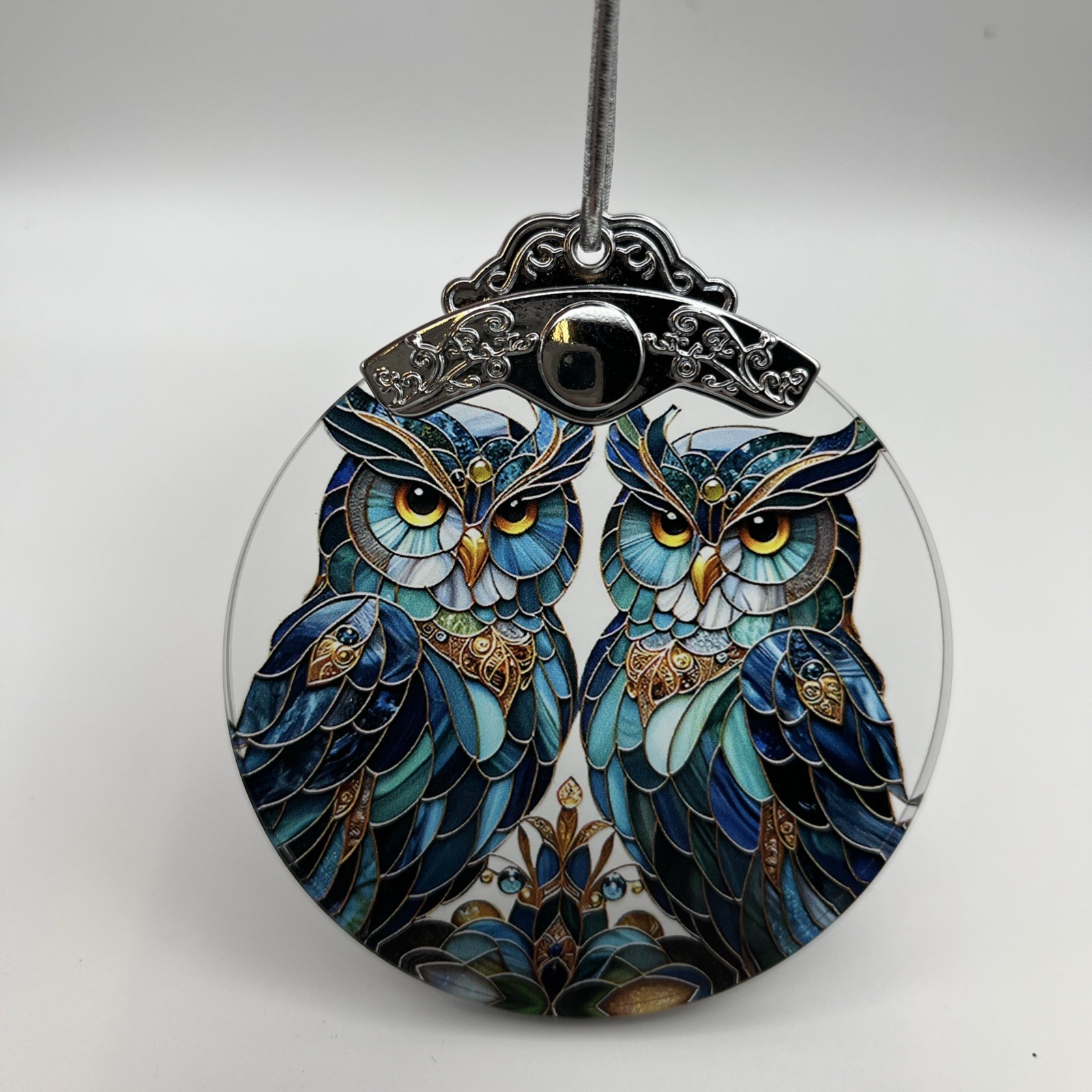 Twin Owls Ornament, Stained Glass Hanging Ornament