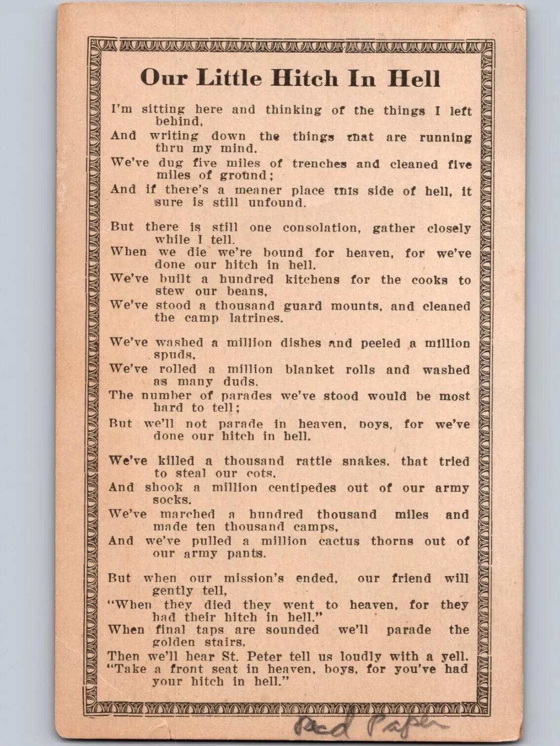 c1915 Our Little Hitch In Hell Poem Phrase Texas TX Cancel Postcard