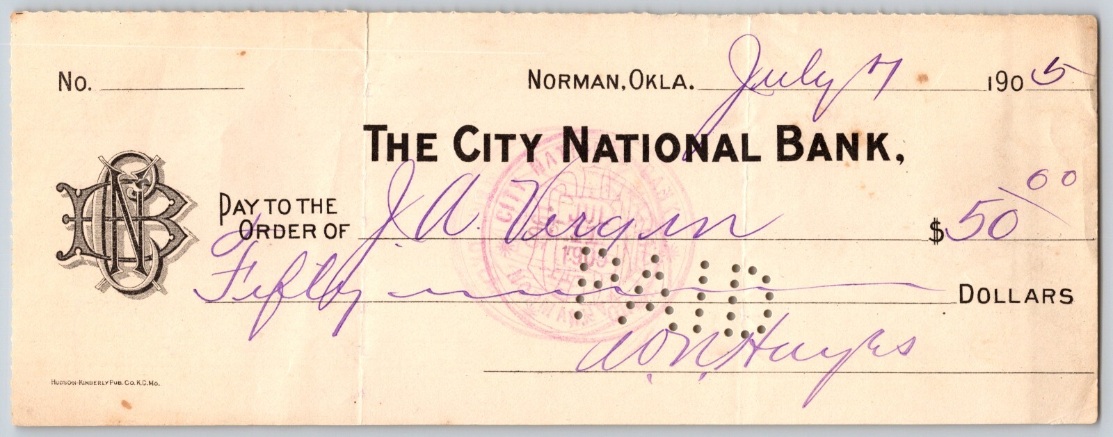 Norman, Oklahoma Territory 1905 $50 \