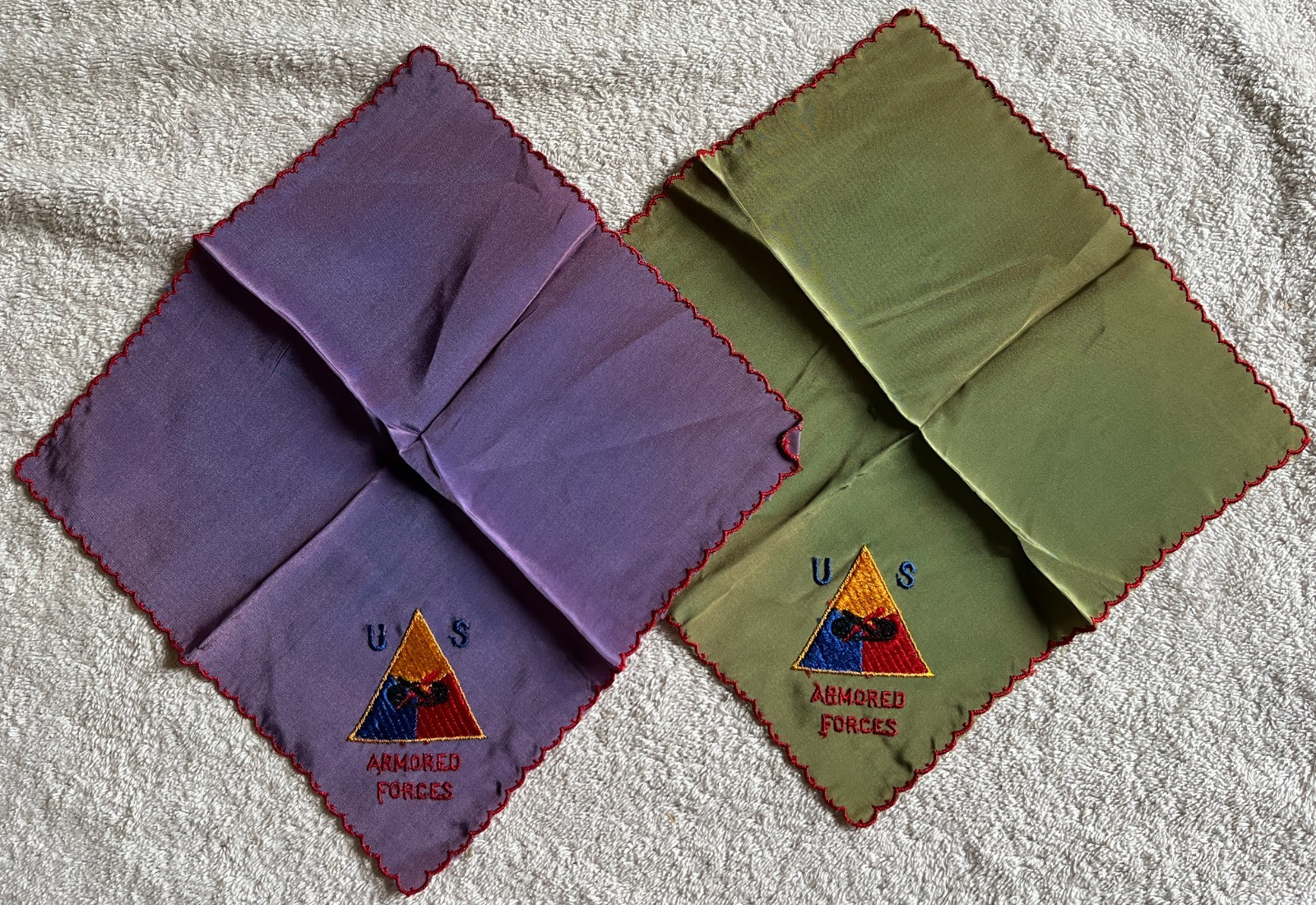 2 World War II sweetheart handkerchiefs U.S. Armored Forces military 1940s