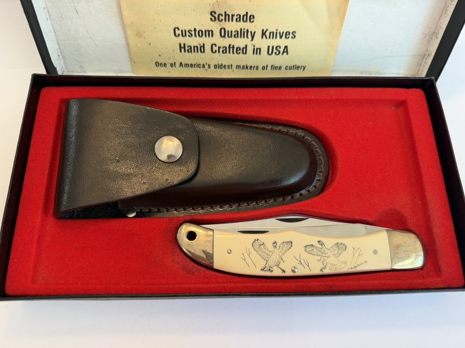 Vintage 1980'S Schrade Scrimshaw Turkey Knife SC508 with Sheath, Paper and Box