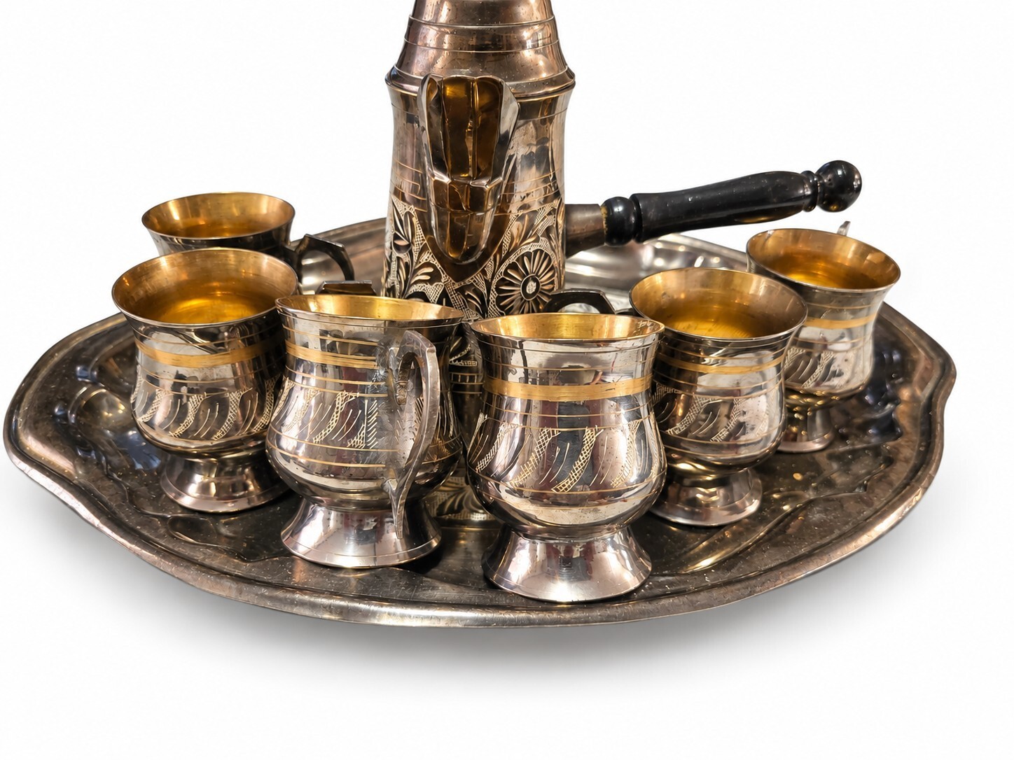 Vintage Bethlehem Coffee Set Pot 6 Cups Tray Engraved Middle Eastern Decor Vintage Bethlehem Coffee Set Pot 6 Cups Tray Engraved Middle Eastern Decor