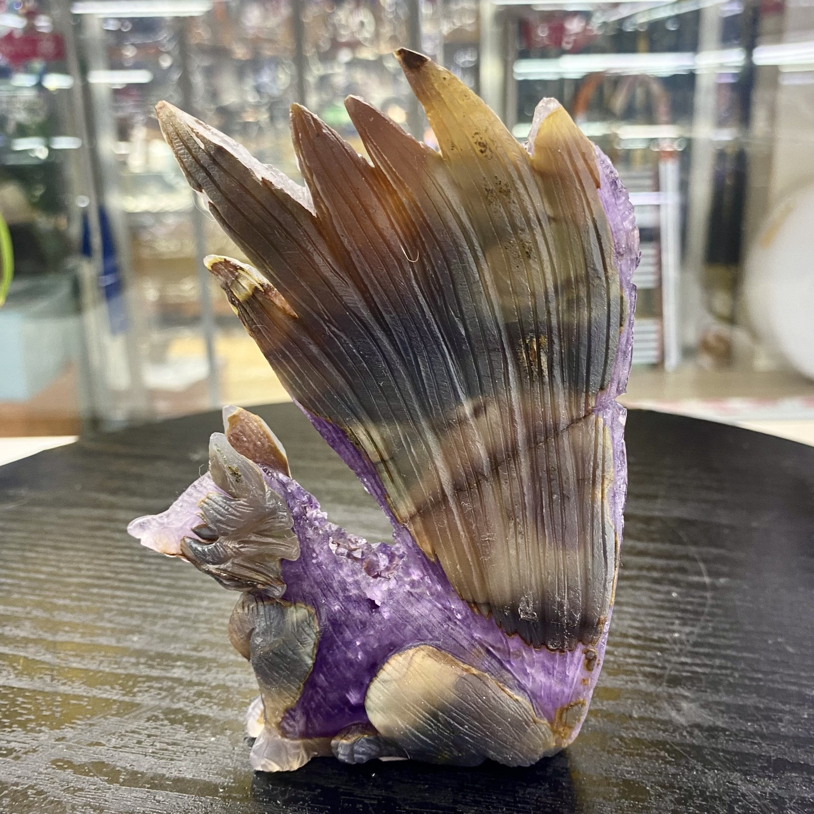372G Natural amethyst Blossoms agate hand carved nine-tailed fox specimen