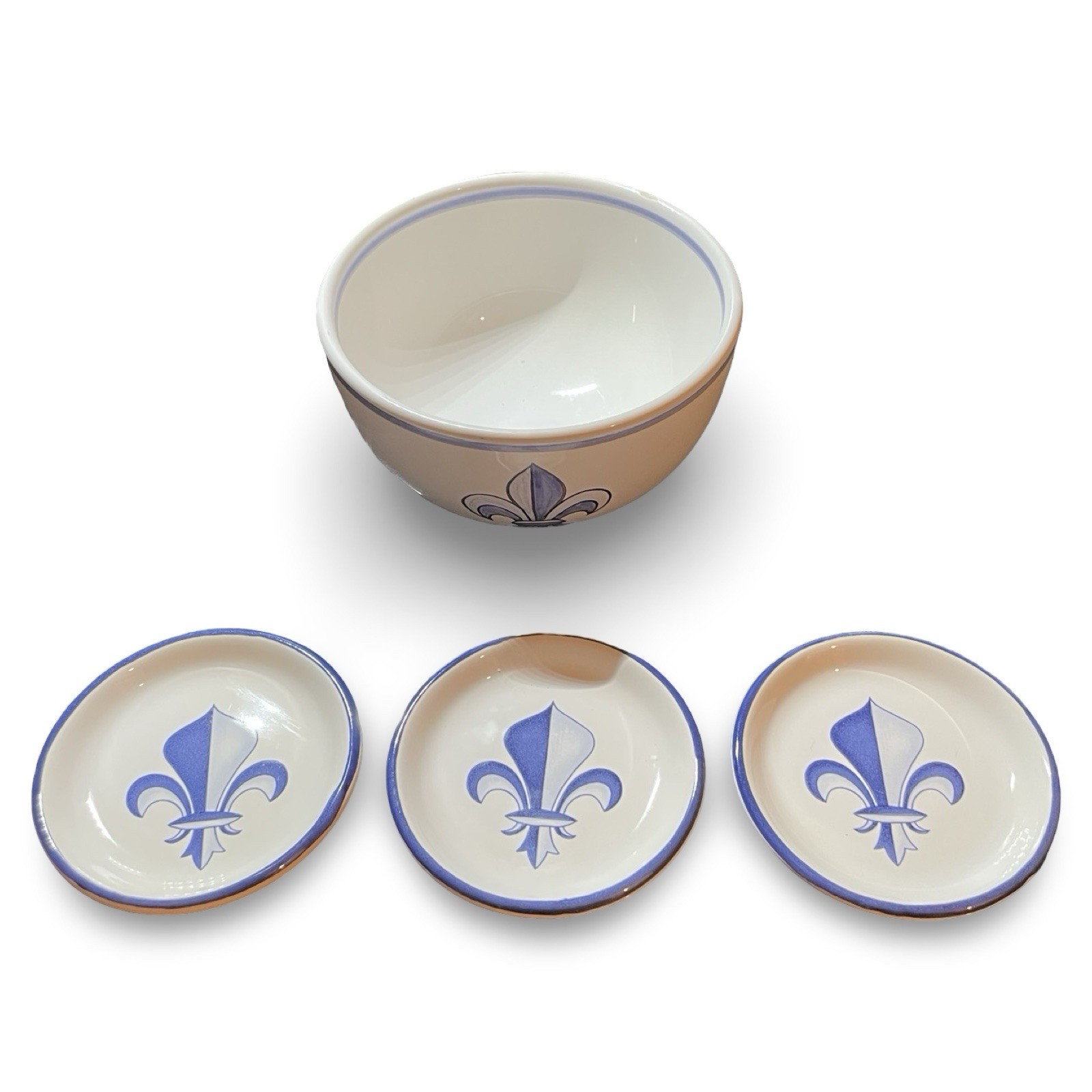 Vintage French Faience Fleur-de-lis Set Montgolfier Bowl & 3 KG Butter Pats 