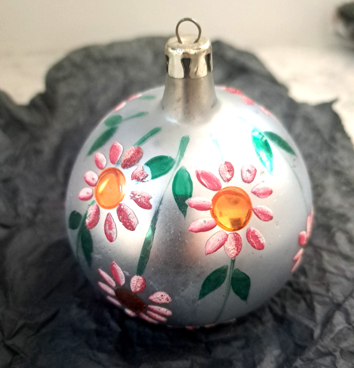 Poland Hand Painted Daisy Floral Mercury Glass Christmas Ball Ornament 4\