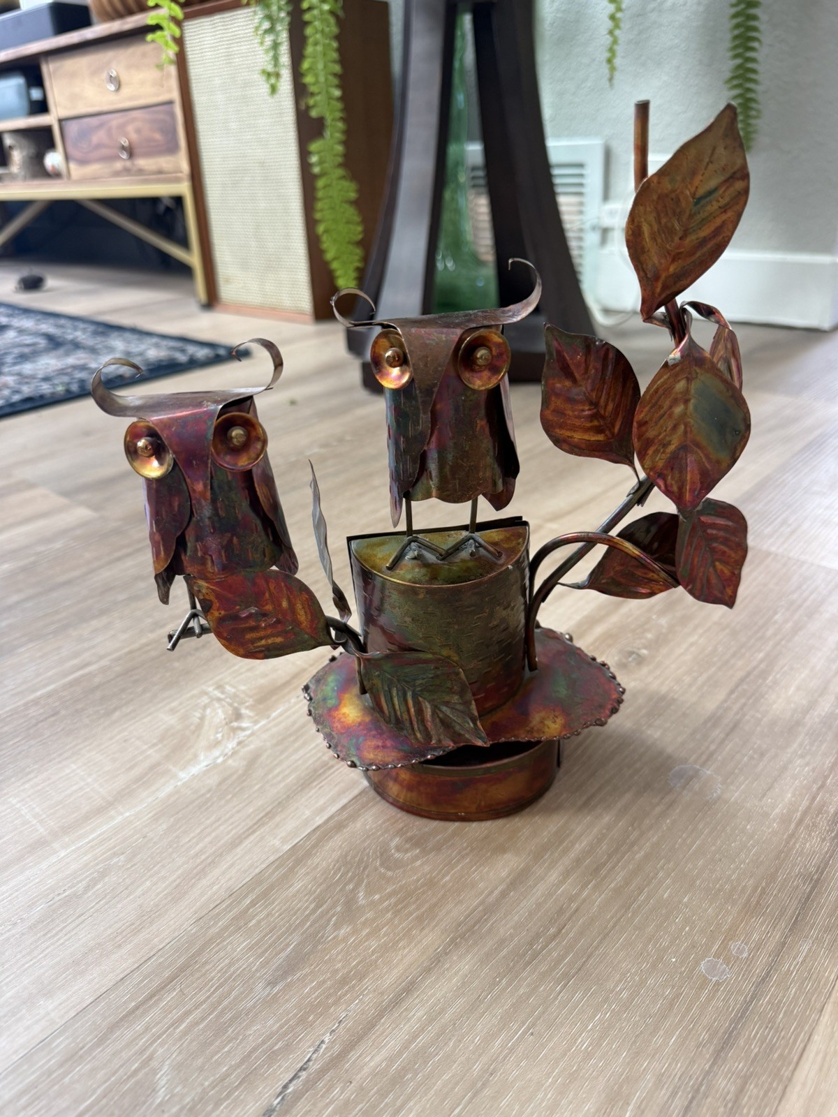 MCM Brutalist Copper Two Owls Sculpture Sankyo Japan Music Box Plays Yellow Bird MCM Brutalist Copper Two Owls Sculpture Sankyo Japan Music Box Plays Yellow Bird