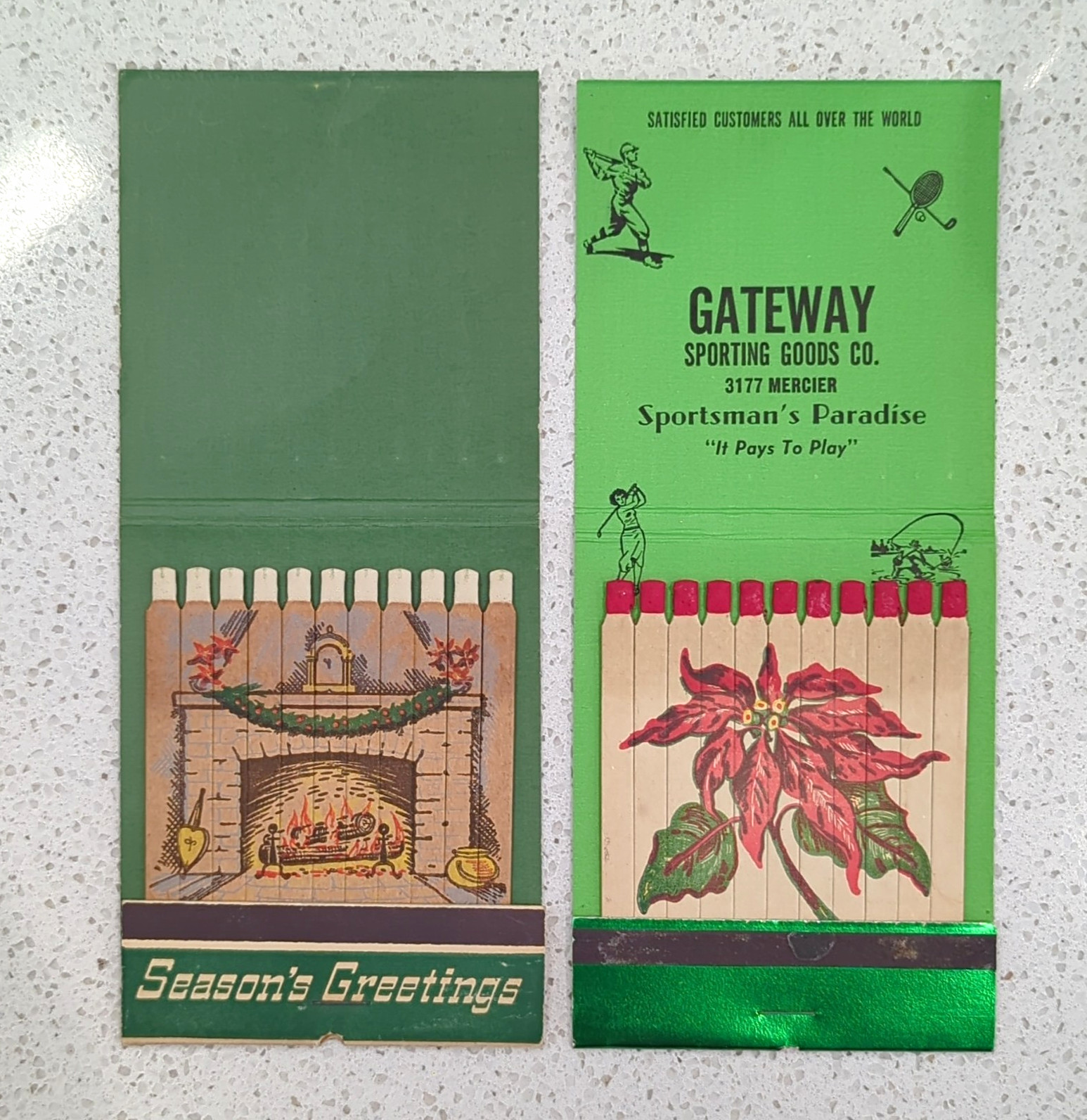 Vintage Season’s Greetings Feature Matchbook Gateway Sporting Goods Unused