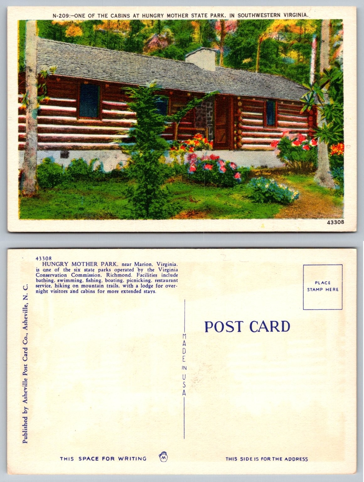 Hungry Mother State Park Log Cabin Virginia Linen Postcard N-209 Asheville Hungry Mother State Park Log Cabin Virginia Linen Postcard N-209 Asheville