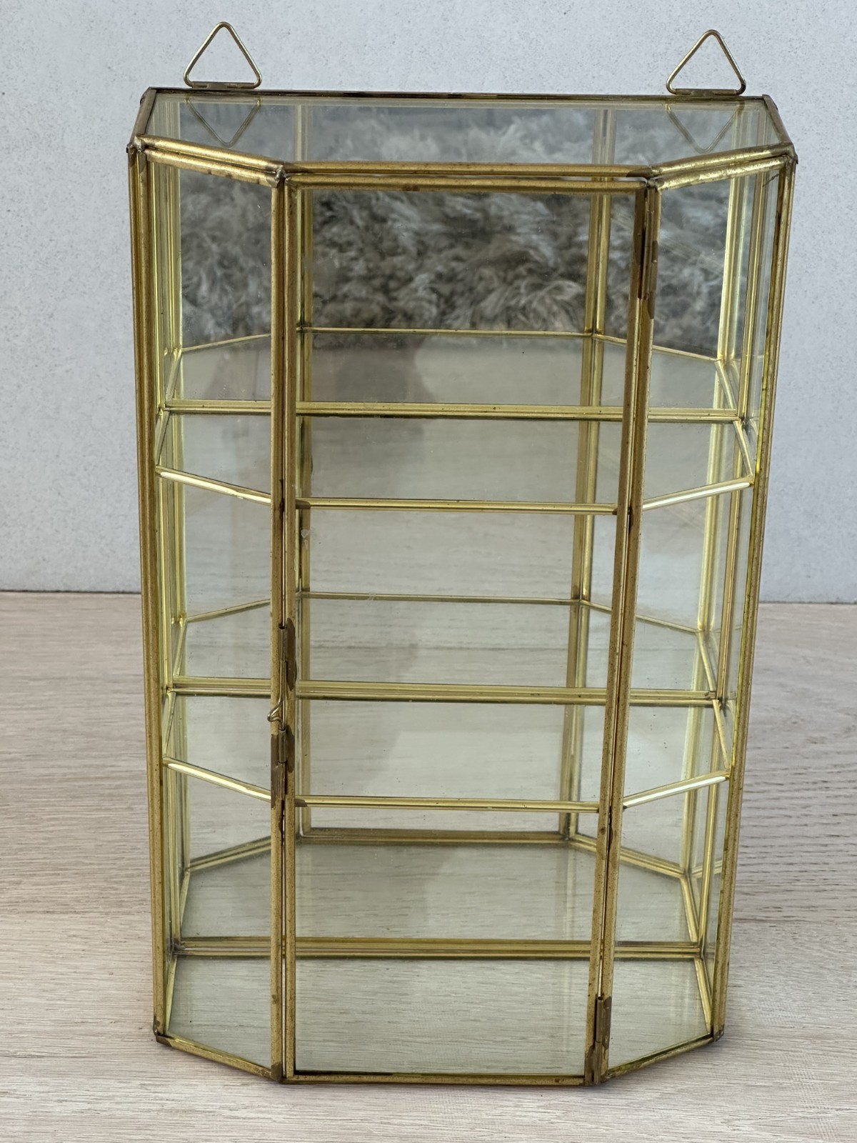 Vtg 11.5” Brass Glass Display Cabinet Octagon Curio Case Box Gold Mirror Back