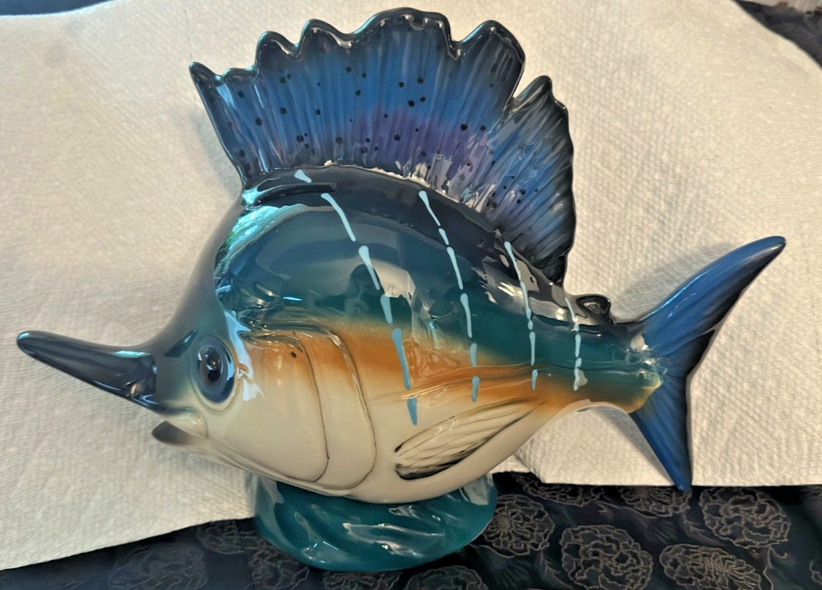 Vintage Ross Art Ceramic Sailfish Marlin Coin Bank Nautical Tropical Beach Decor