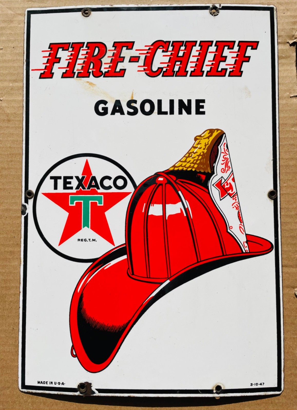 Vintage 1947 Texaco Fire-Chief Gasoline 12X18” Porcelain Pump Oil Sign Authentic