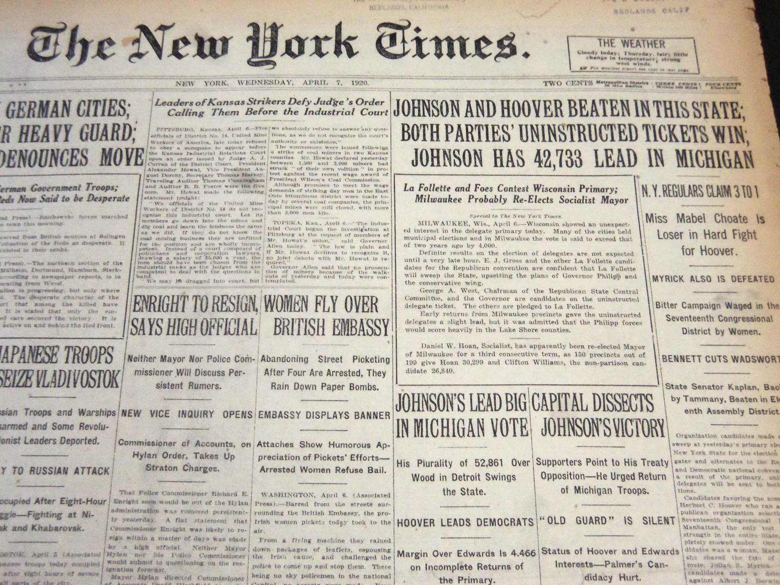1920 APRIL 7 NEW YORK TIMES - JOHNSON & HOOVER BEATEN IN THIS STATE - NT 5872 1920 APRIL 7 NEW YORK TIMES - JOHNSON & HOOVER BEATEN IN THIS STATE - NT 5872