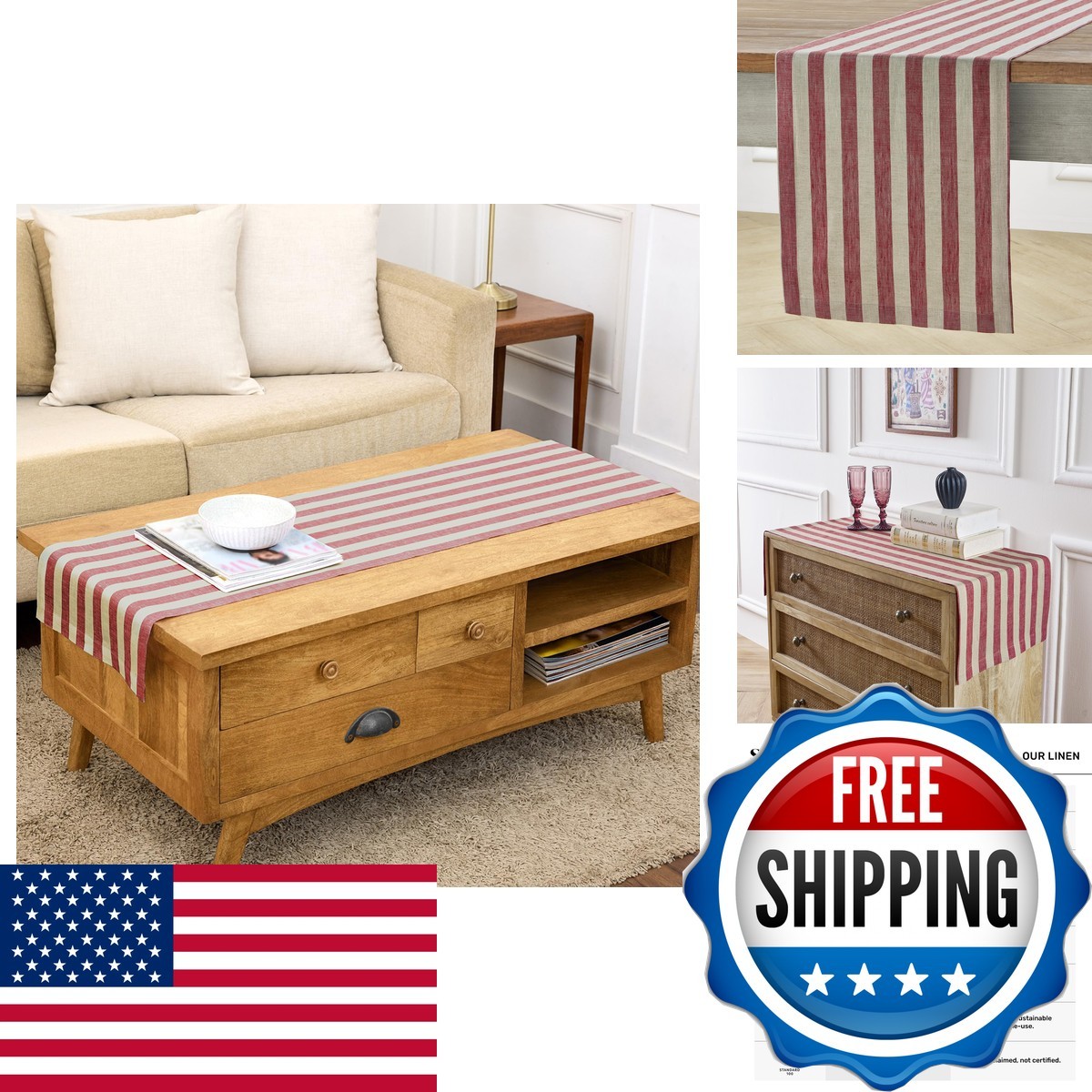 Solino Home 100% Pure Linen Table Runner 14x48 Red Sorrento Stripe