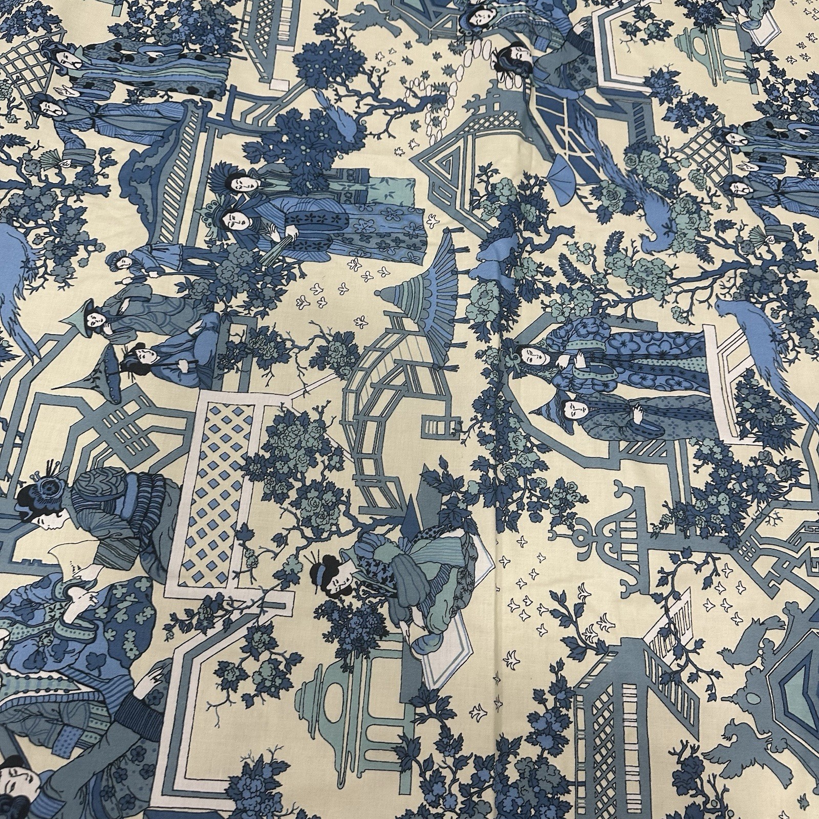VINTAGE BLOOMCRAFT Rare Design Chinoiserie Upholstery Fabric Blue Ivory 9.3 Yds VINTAGE BLOOMCRAFT Rare Design Chinoiserie Upholstery Fabric Blue Ivory 9.3 Yds