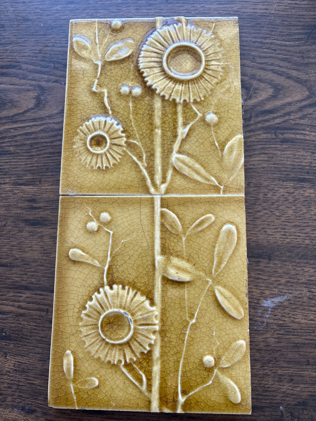 PAIR J.G. & J. F. LOW MAJOLICA ART POTTERY CERAMIC FLOWER TILES 1881 PAIR J.G. & J. F. LOW MAJOLICA ART POTTERY CERAMIC FLOWER TILES 1881