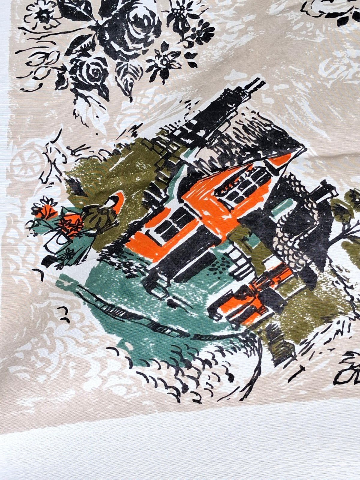 Vintage Rayon Pictorial Tablecloth 1940s Cottages Lady Raking Roof tops 54X47