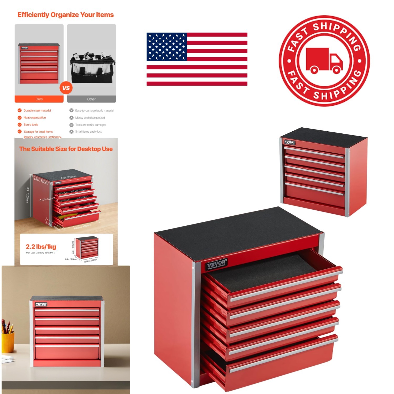 Sturdy 8.6 Inch Metal Tool Box Red with 5 Drawer Design for Efficient Storage Sturdy 8.6 Inch Metal Tool Box Red with 5 Drawer Design for Efficient Storage