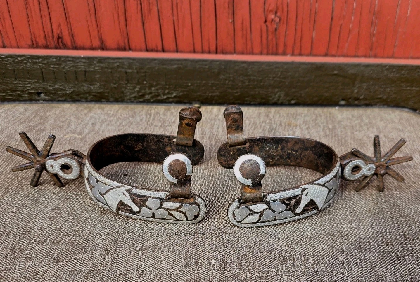 Vintage Vaquero Charro Cowboy Spurs Silver Inlay Horse Design 2