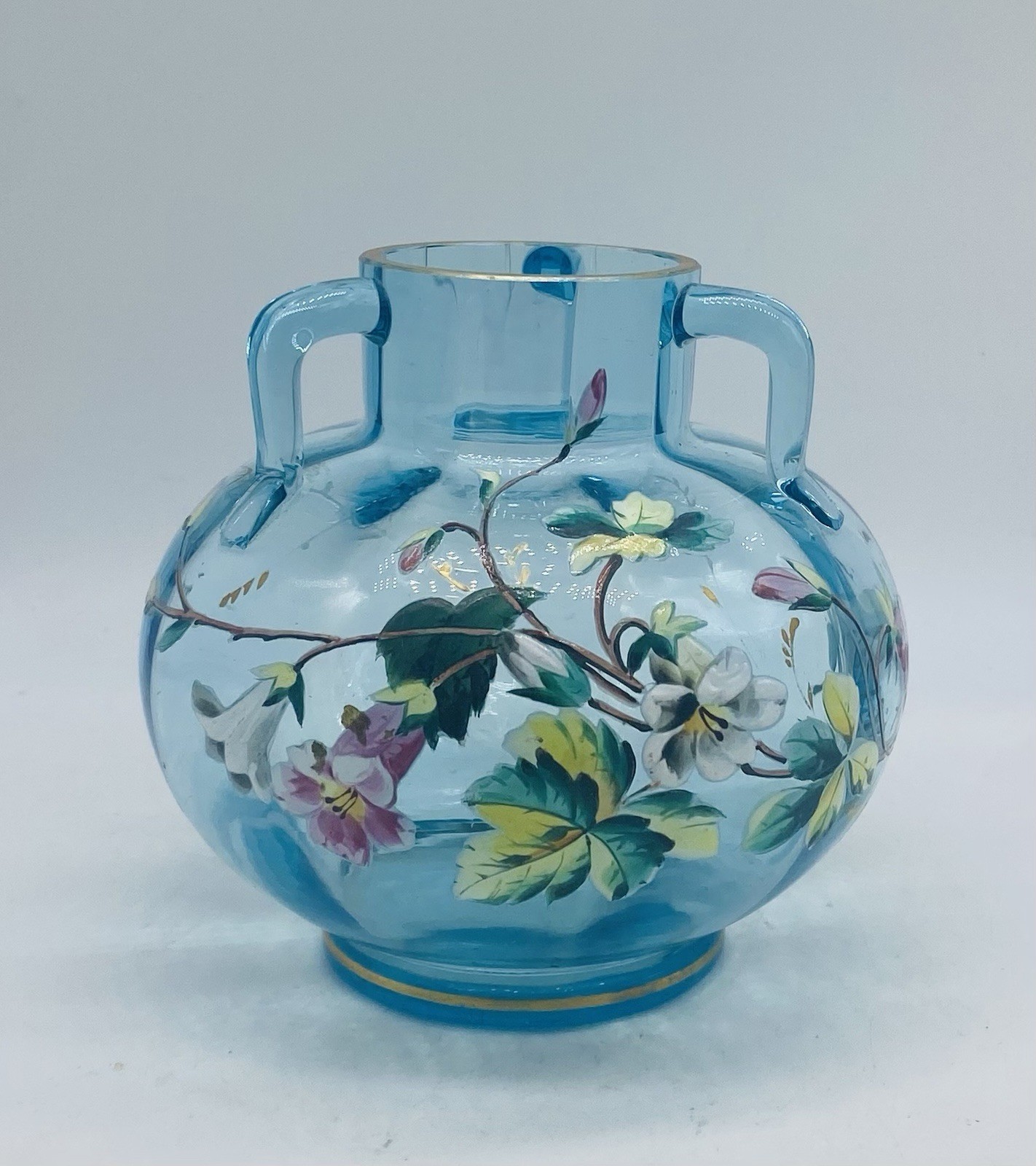 Signed ca. 1880’s Bohemian HARRACH Blue Handled Vase With Floral Enamel
