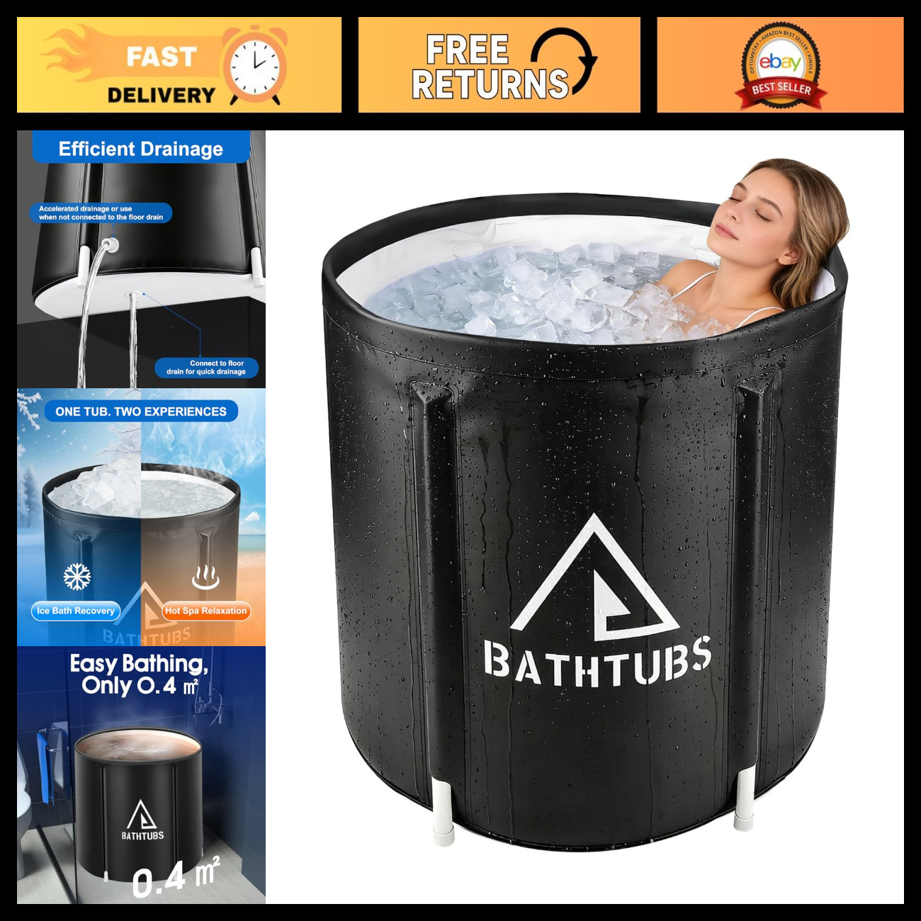 Portable Foldable Bathtub, Collapsible Adult Bath Tub for Hot SPA and Ice Bath,