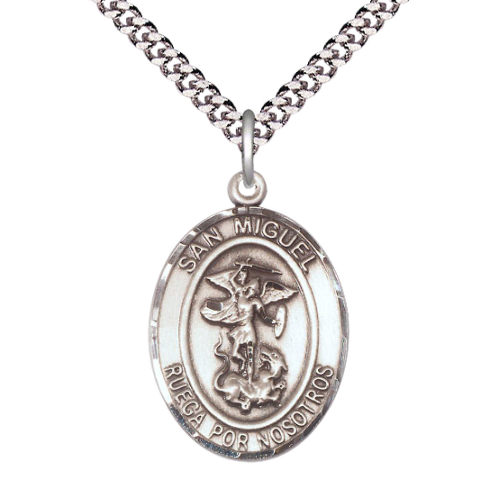 Pewter San Miguel Arcangel Catholic Medal Pendant Necklace 24\