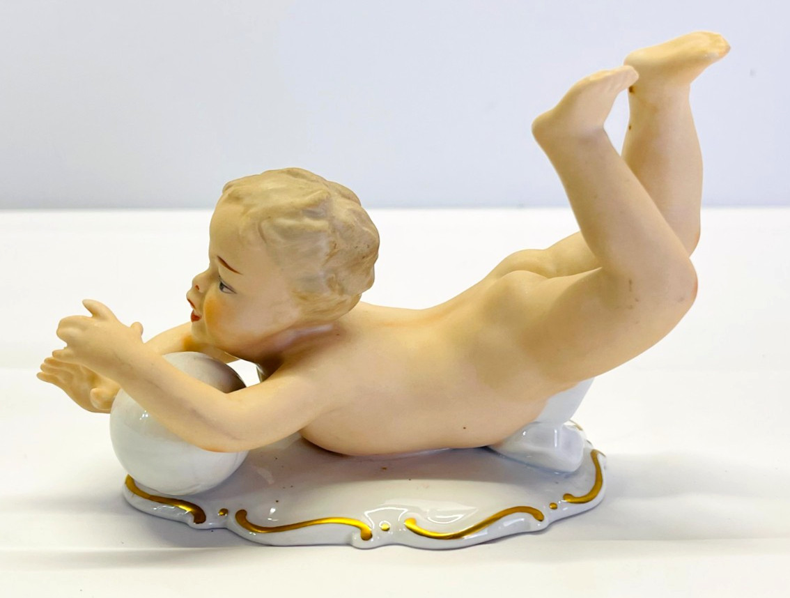 Antique Wallendorf German Bisque Porcelain Piano Baby Sliding Ball Figurine 6\ Antique Wallendorf German Bisque Porcelain Piano Baby Sliding Ball Figurine 6\