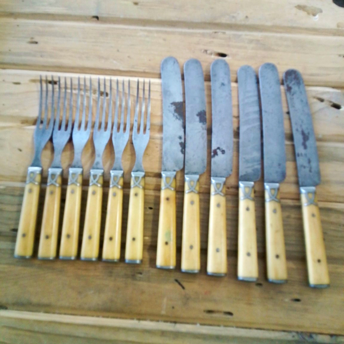 Vintage 12-Piece Flatware Set Knives & Forks Silver Metal Beige Handles