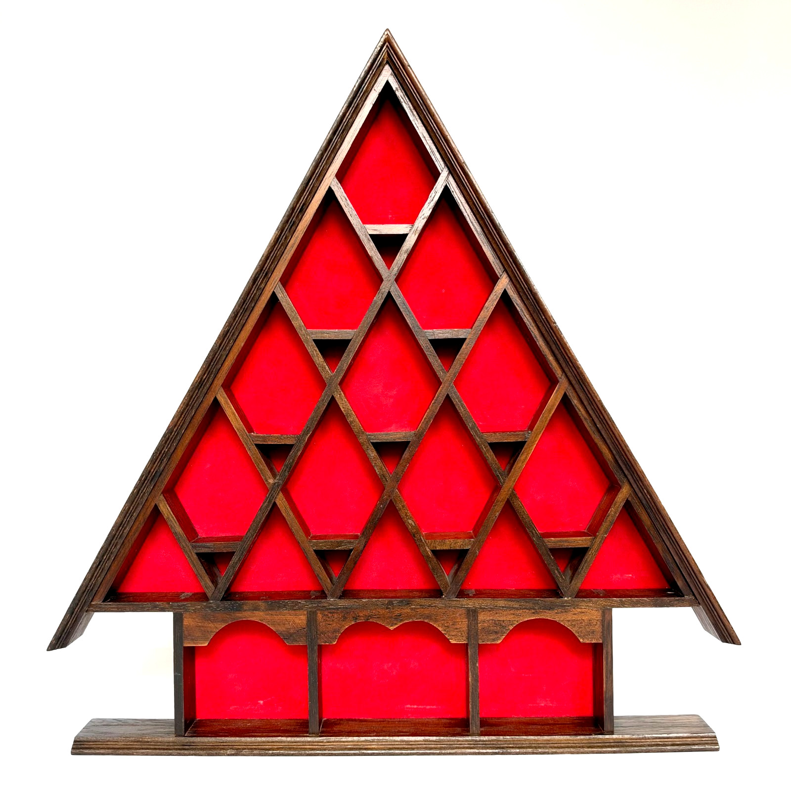 Vintage 1979 A-Frame Wooden Shadow Box Shelf Red Velvet Knick Knack Display Vintage 1979 A-Frame Wooden Shadow Box Shelf Red Velvet Knick Knack Display