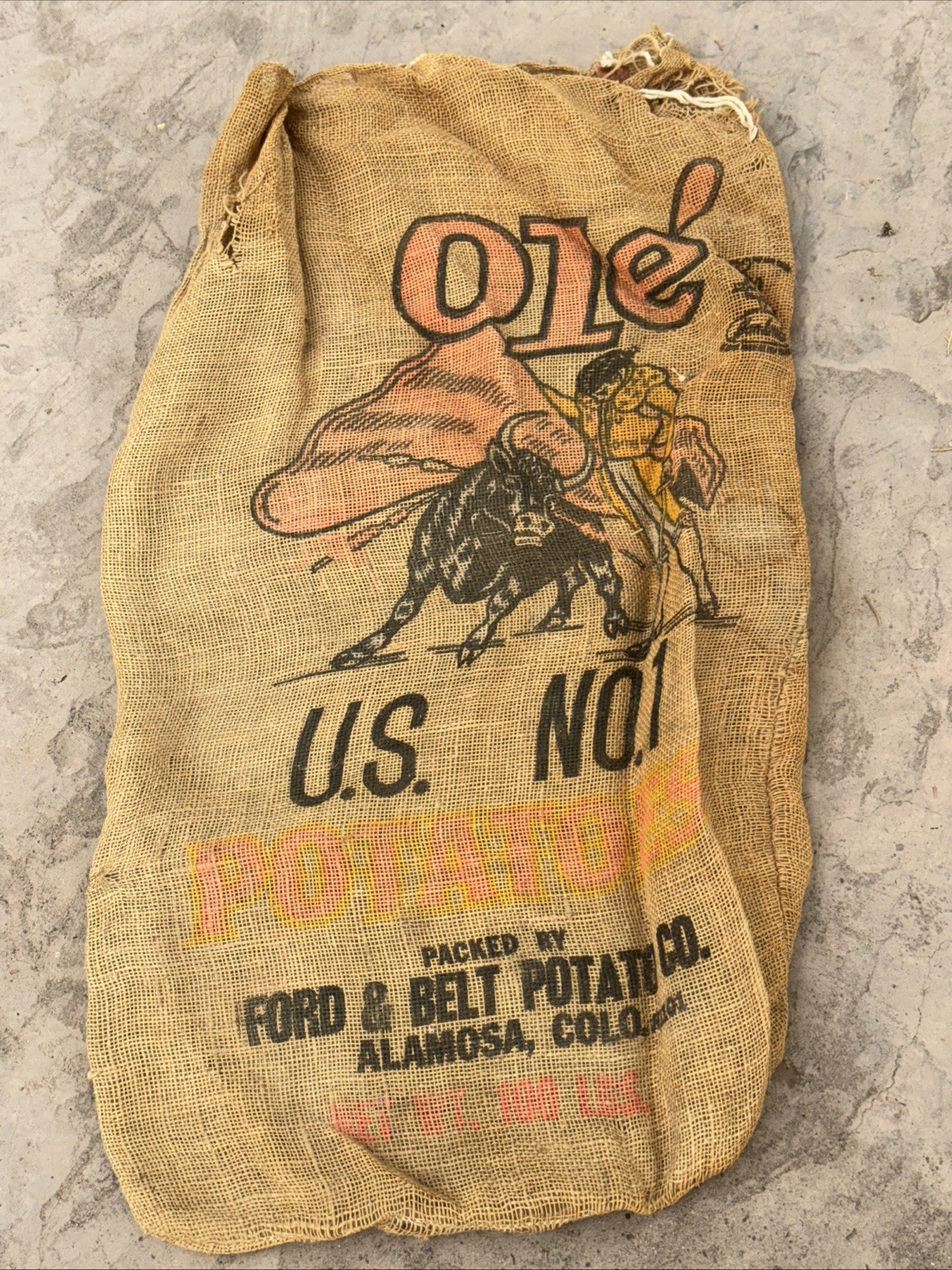 VTG Ole' Bull Rider Colorado Potatoes Burlap Bag 100 lb Gunny Sack Antique Rare VTG Ole' Bull Rider Colorado Potatoes Burlap Bag 100 lb Gunny Sack Antique Rare