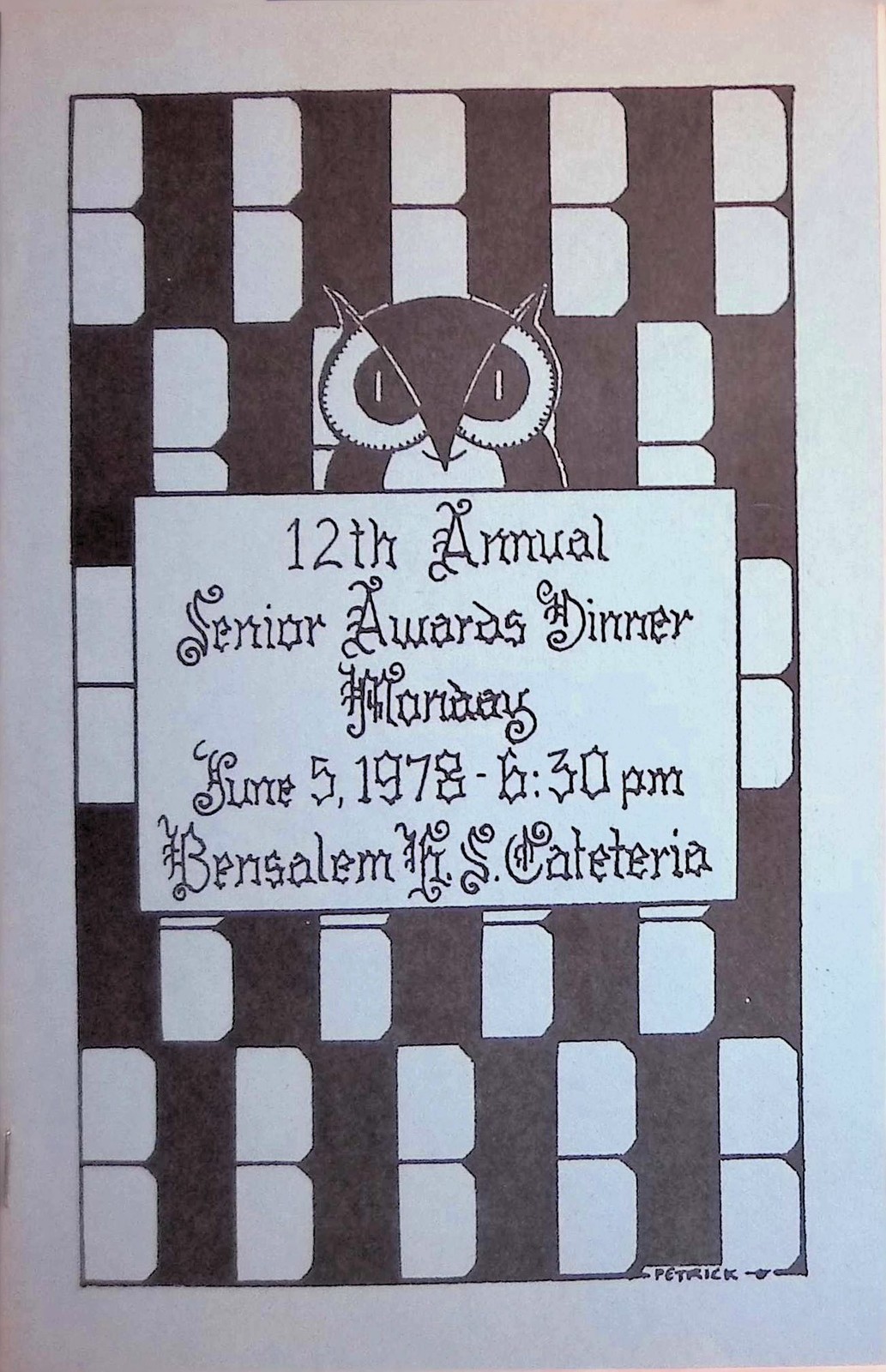 1978 Bensalem HS Senior Awards Dinner Program Owl Art Petrick Bucks County PA 1978 Bensalem HS Senior Awards Dinner Program Owl Art Petrick Bucks County PA