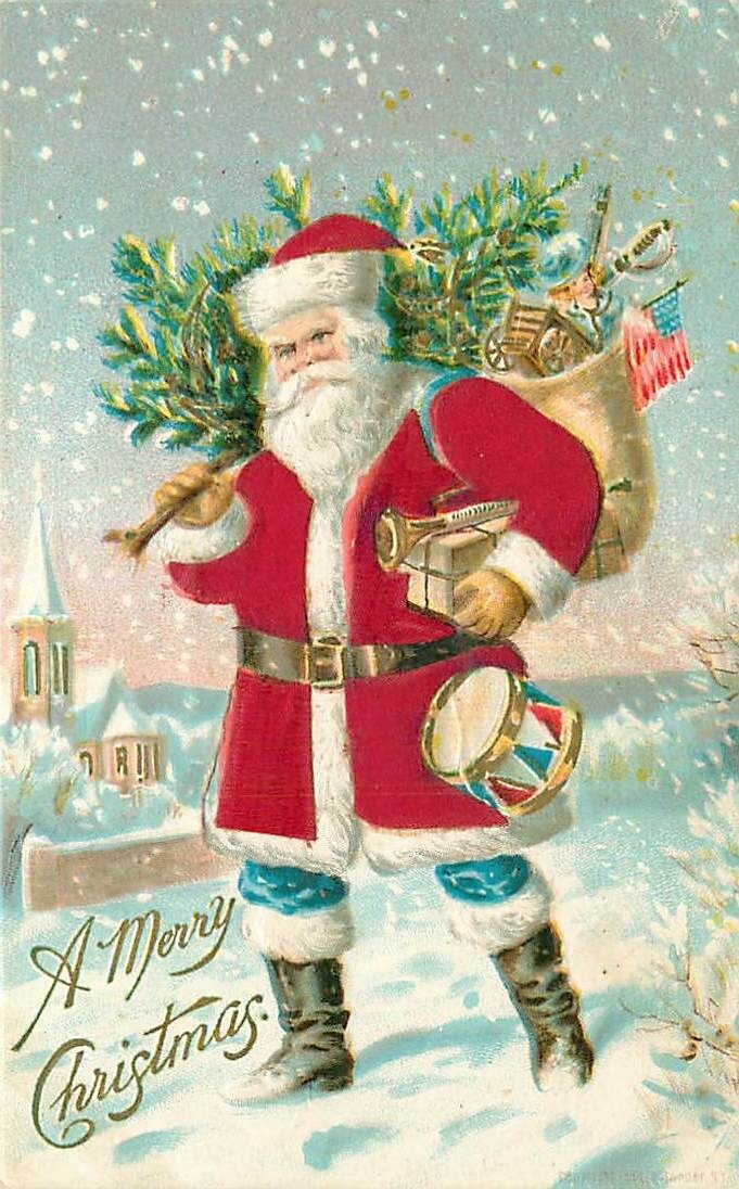 Embossed Christmas Postcard Silk Santa Claus Walking in Snow w/ Tree & Toys
