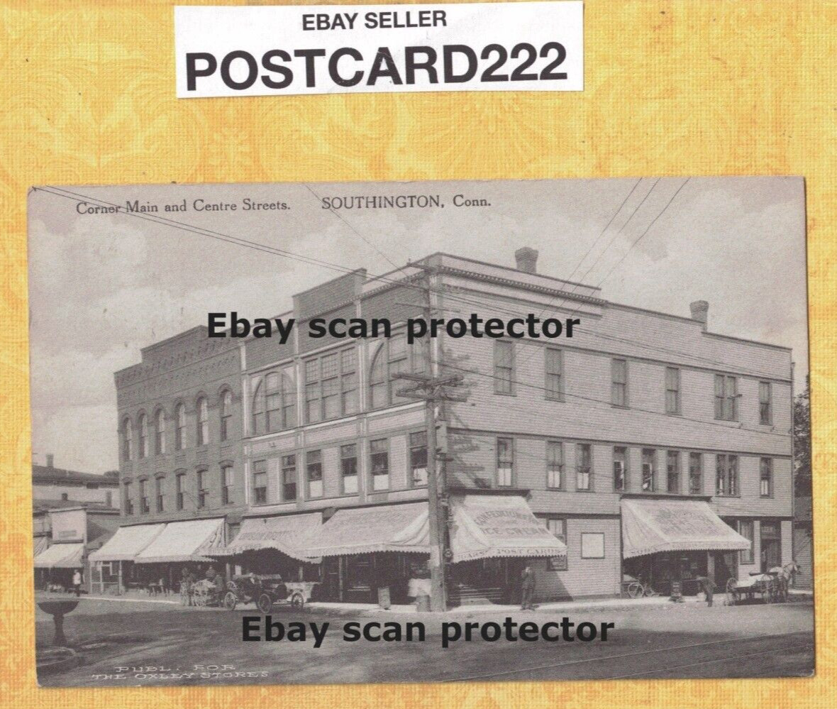 CT Southington 1912 antique postcard CORNER MAIN & CENTRE STEETS Upson Bro sign
