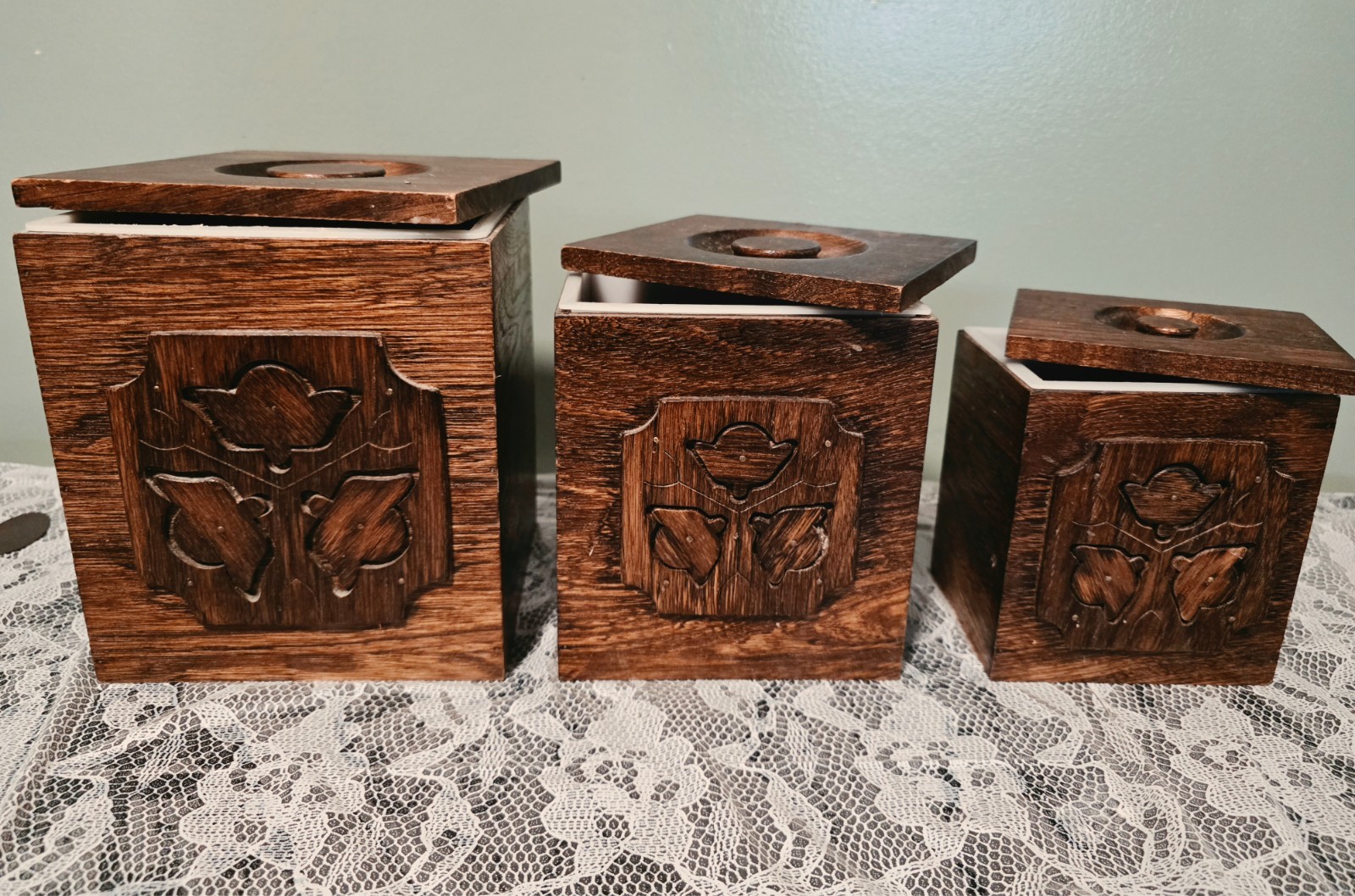 Set Of 3 Vintage MCM Wood Wooden Canisters with Liners & Lids Sears Japan 1977