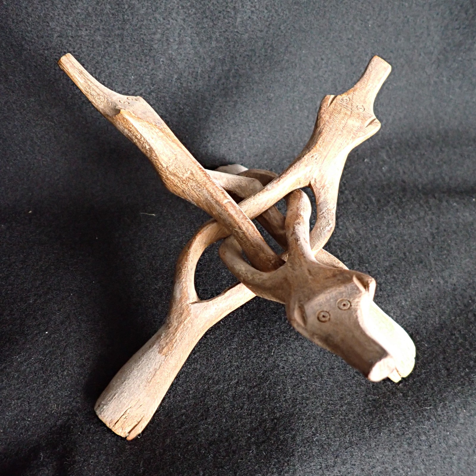 Lot of 2 Vintage Hand Carved Wood Interlocking Folding Stands Animal Heads