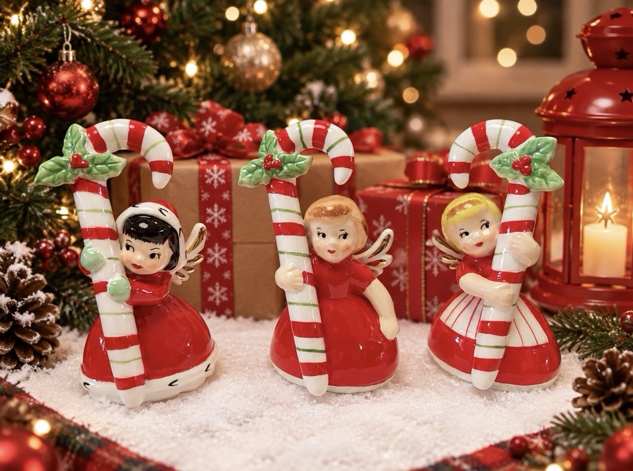 Candy Cane Angel Figurine Set G/W Vintage Lefton Napco Norcrest Christmas Decor Candy Cane Angel Figurine Set G/W Vintage Lefton Napco Norcrest Christmas Decor
