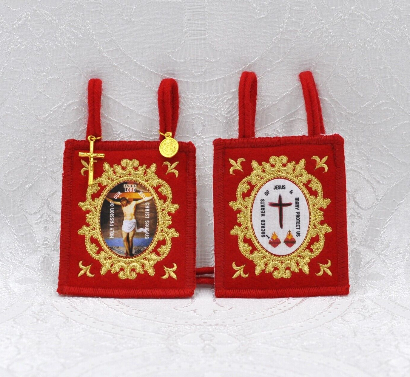 Fivefold Embroidered Wool Scapular with Braided Wool Cords, Large 3.25\