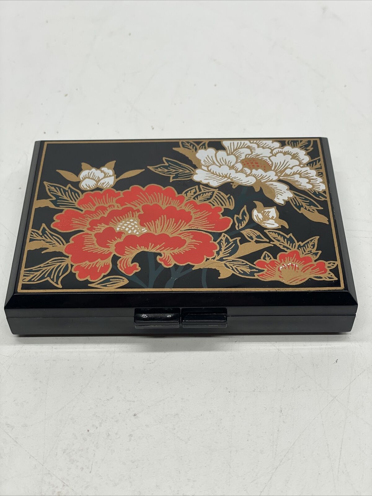 Vintage Japanese Lacquer Tissue Box Mirror Compact Painted Red Gold Floral Black