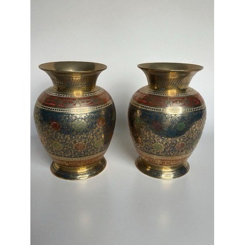 VTG Hand Engraving MultiFloral Set of 2 Mini Etched Brass Bud Vases 5\