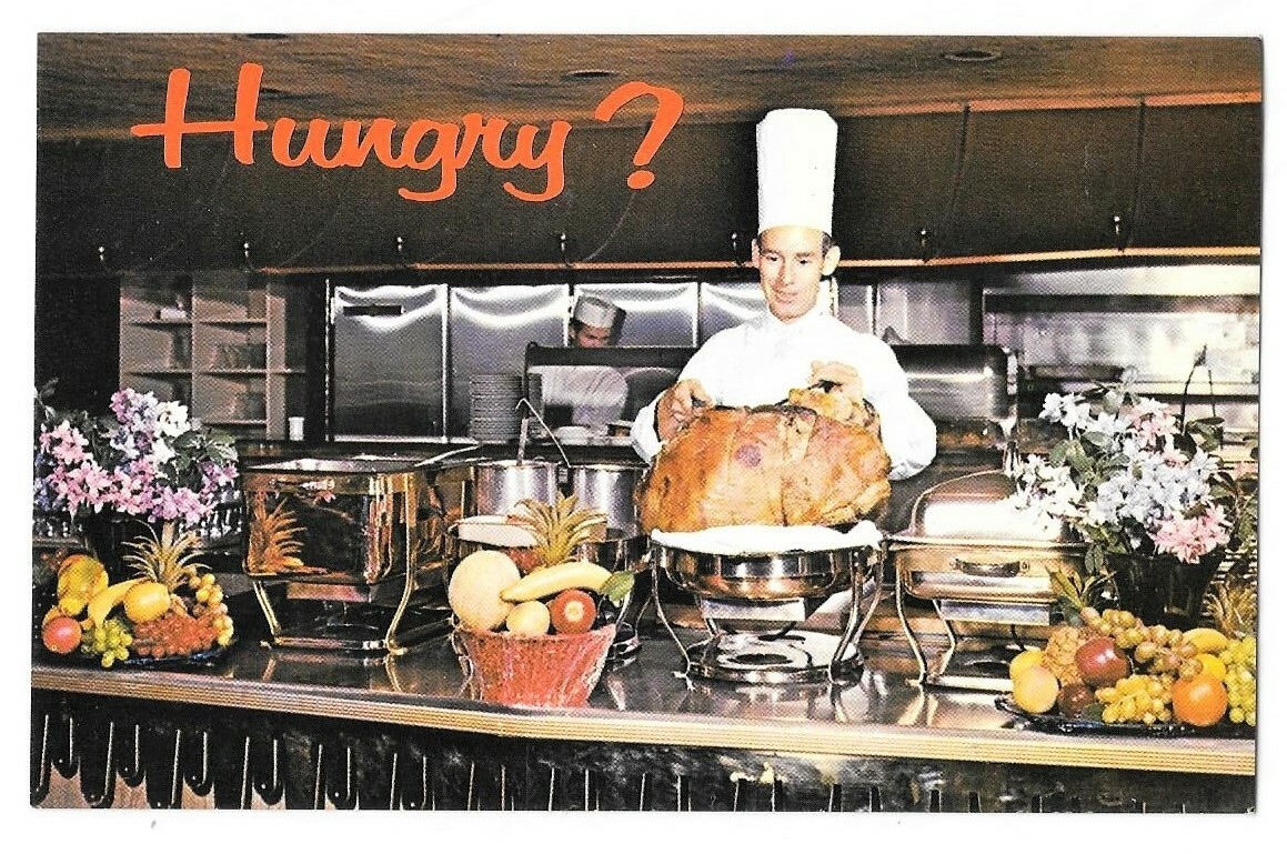 C 1950s Stardust Hotel Casino Las Vegas Postcard Hungry Restaurant Buffet VTG #e