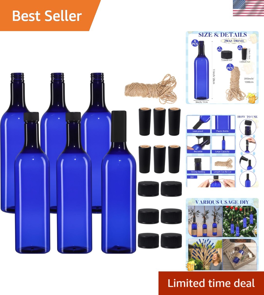 Empty 750ml Blue Wine Bottles with Screw Cap & Seal Rope - 6 Pack for Weddings, Empty 750ml Blue Wine Bottles with Screw Cap & Seal Rope - 6 Pack for Weddings,