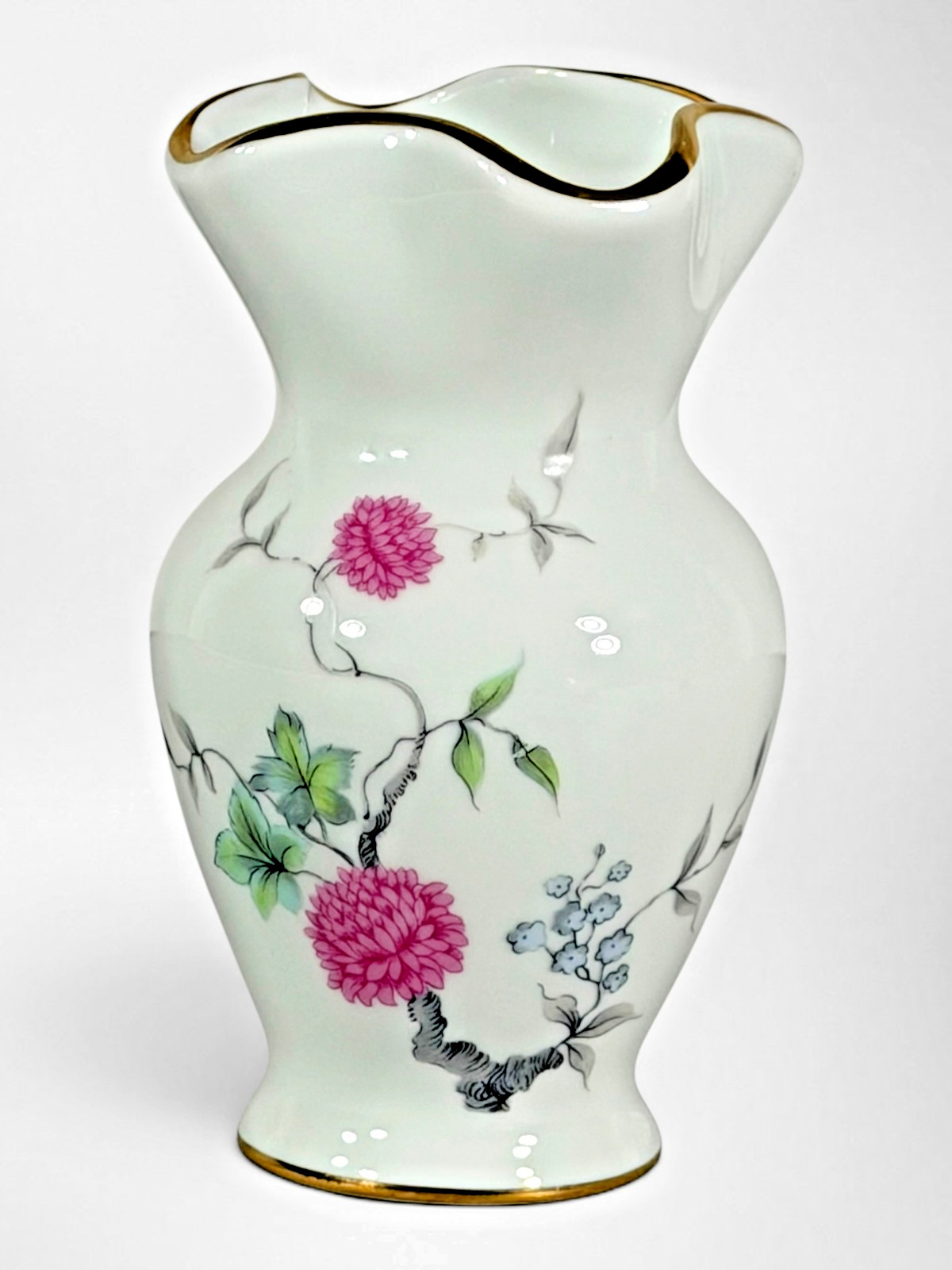 Vintage Limoges Porcelain Vase Pink Floral Gold Trim Scalloped 5