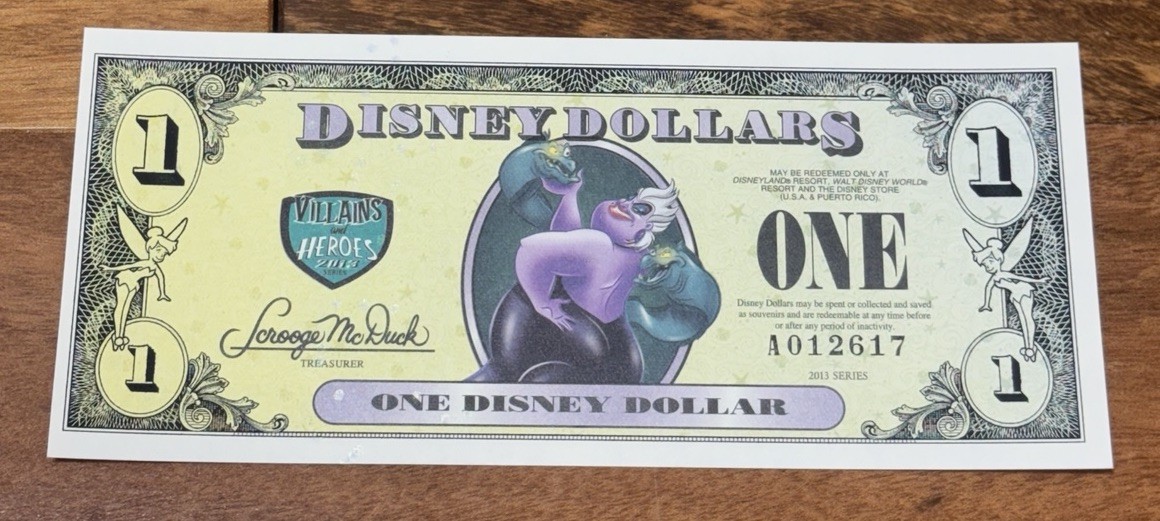 2013 A $1 Ursula & Ariel Little Mermaid Disney Dollar Crisp Unc Disneyland