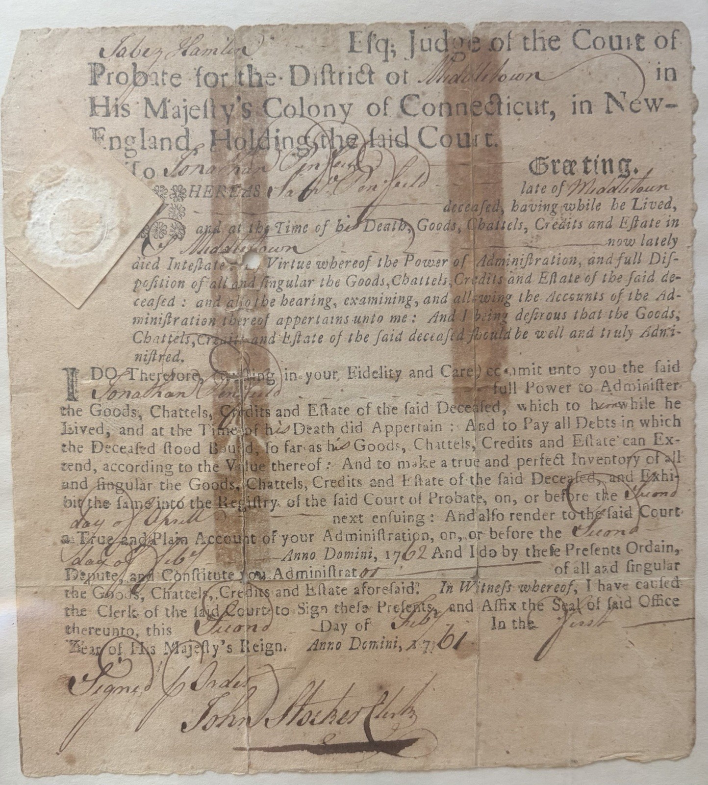 1761 Connecticut Colonial Document-Letters Of Administration-Middletown