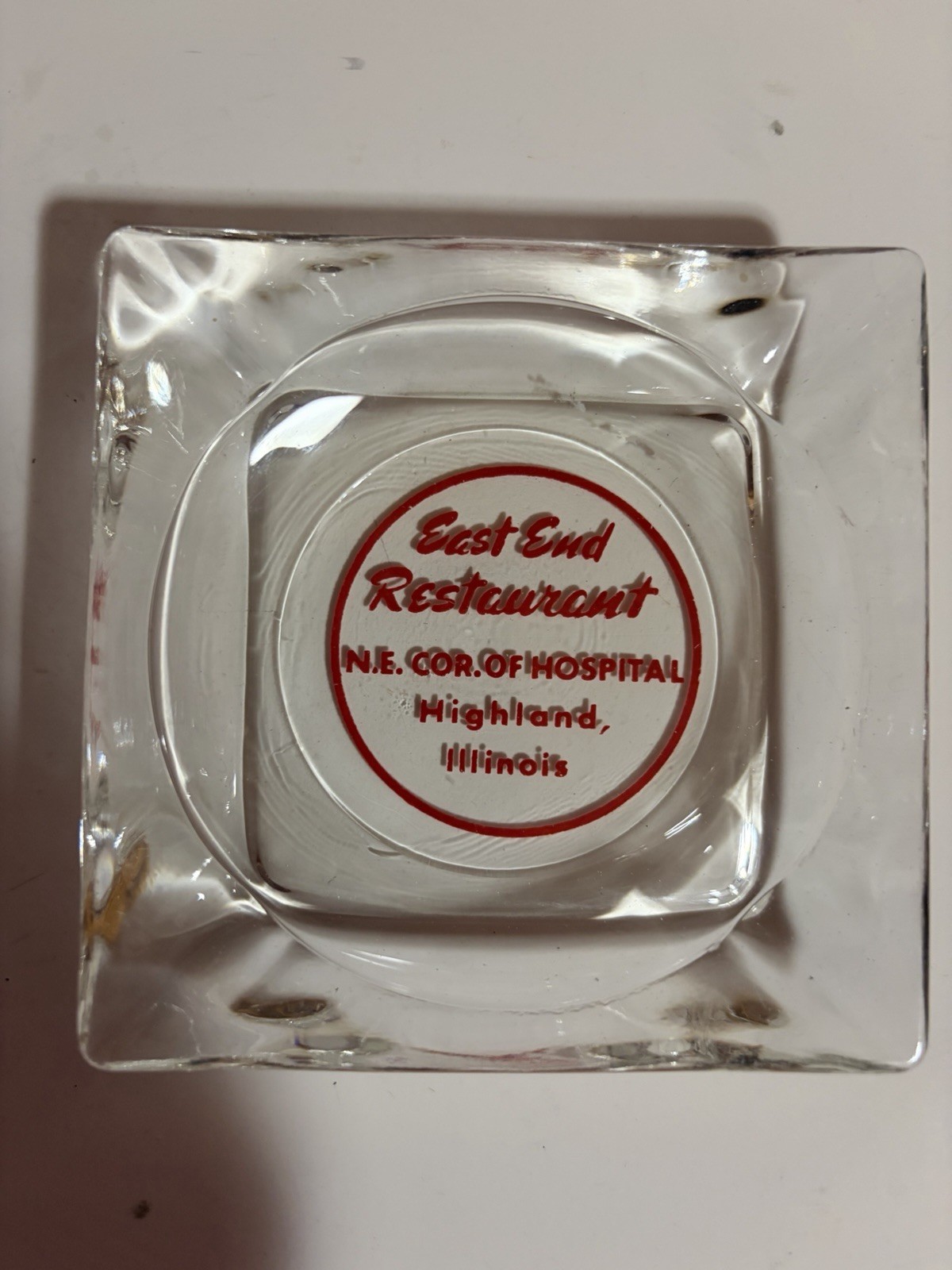 Vintage EAST END RESTAURANT Glass Advertising Ashtray Highland IL. Vintage EAST END RESTAURANT Glass Advertising Ashtray Highland IL.