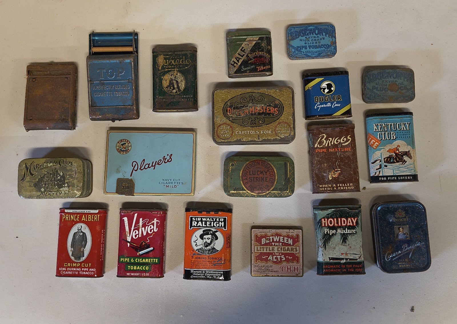 Vintage Empty Tobacco Tin Collection: Lot Of 19 Tins Varying Condition & Brands. Vintage Empty Tobacco Tin Collection: Lot Of 19 Tins Varying Condition & Brands.