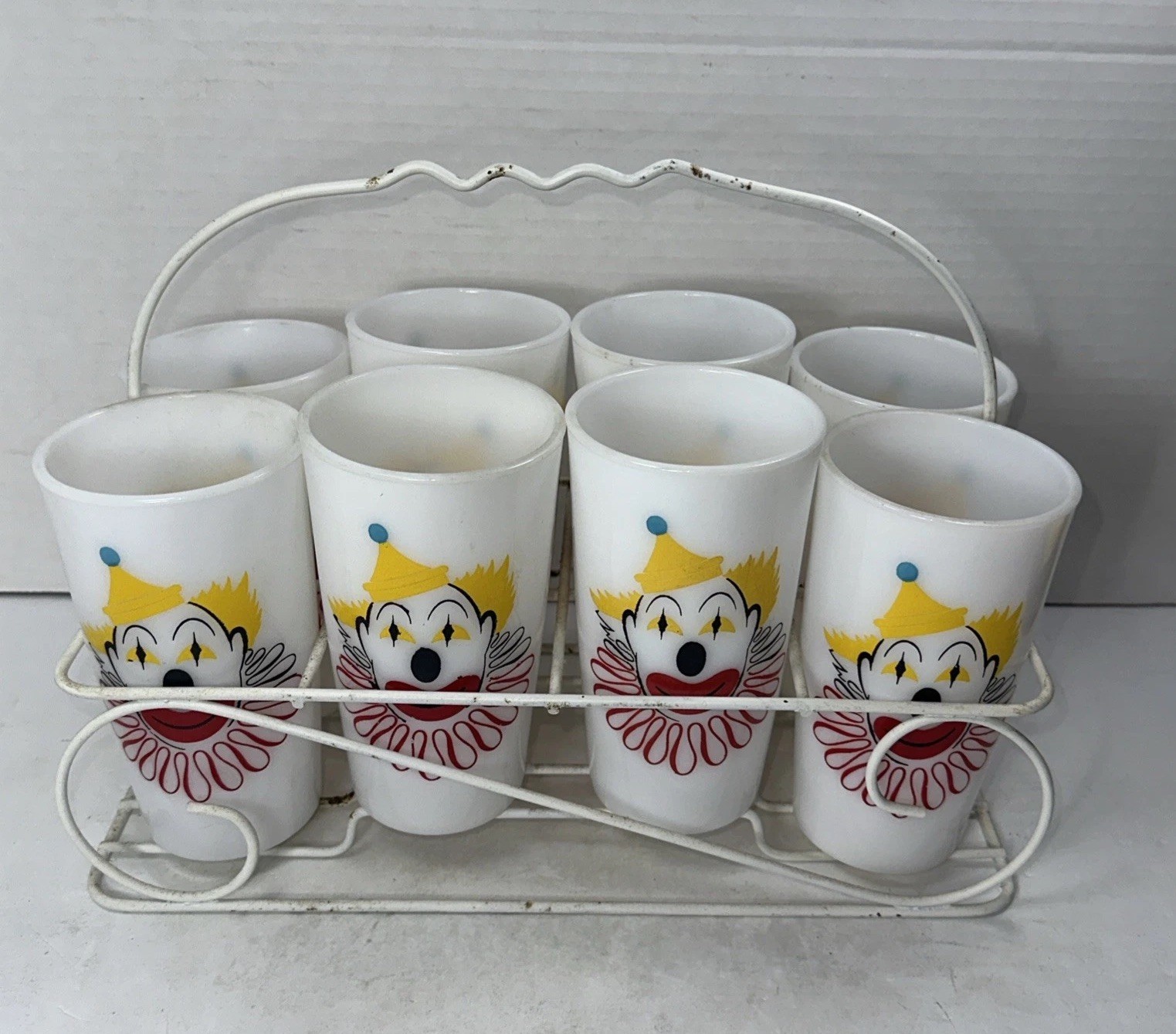 8 Vintage 1950s Clown Hazel Atlas Milk Glass Cups Circus Tumblers Caddy White