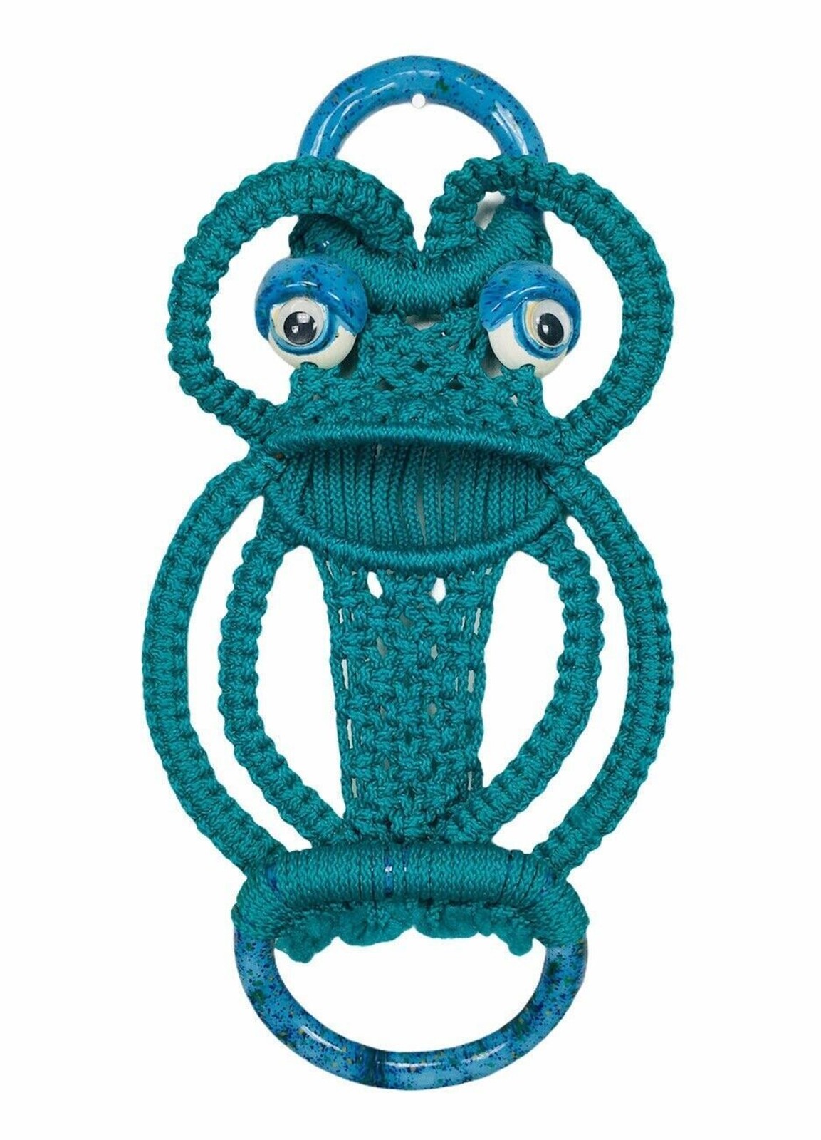 Vintage 70s Macrame Frog Towel Holder Big Ceramic Eyes Teal Wall Hanging