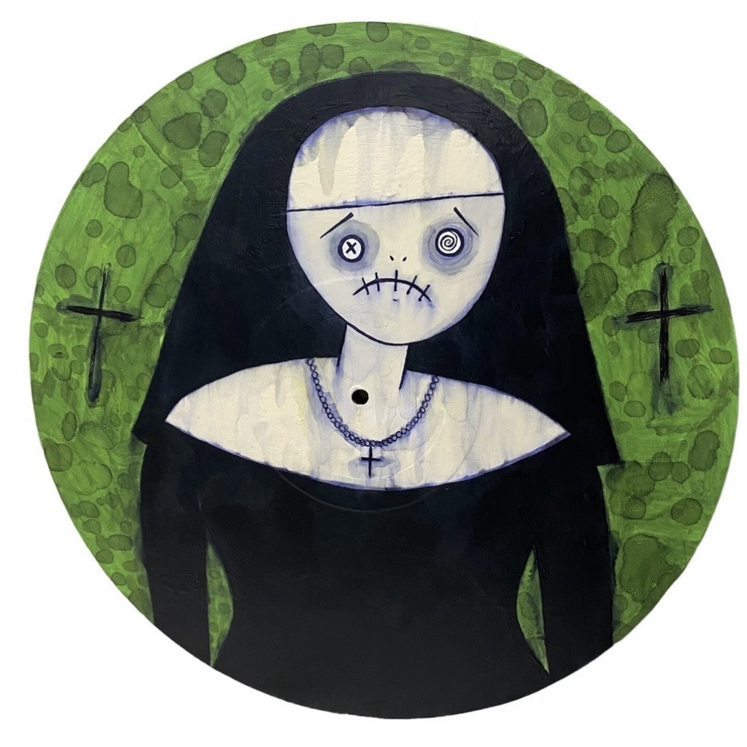 Original Painting Green Sad Stitches Nun Vinyl Record Oddity Art Gothic Ooak