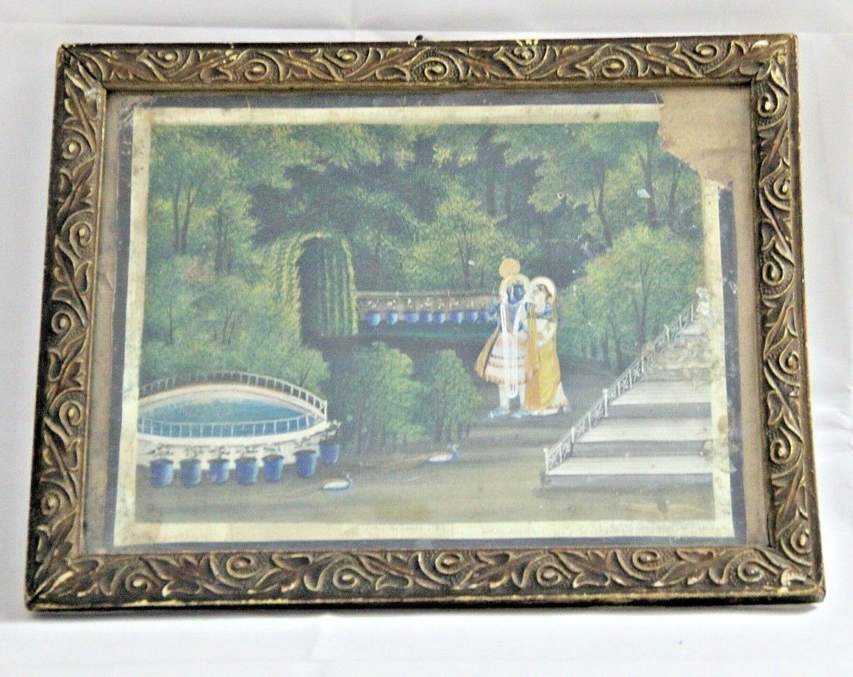 Vintage Lord Krishna & Radha Painting: Handcrafted Wooden Frame, Indian Art